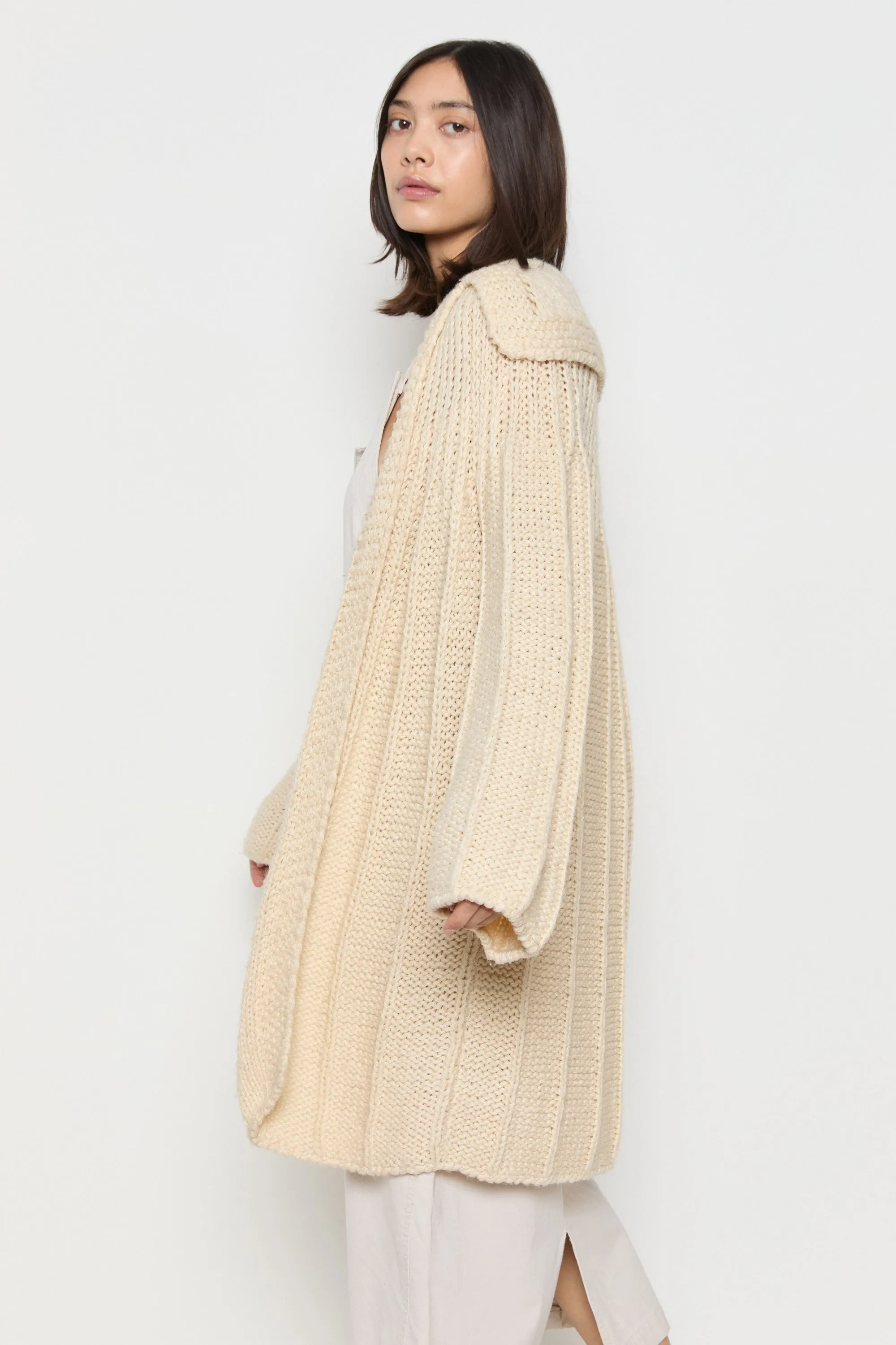 70s Cream Hand Knit Wool Slouchy Duster Cardigan L