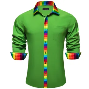 Barry Wang Lime Green Shirt Splicing Rainbow Color Collar Cuffs Shirt