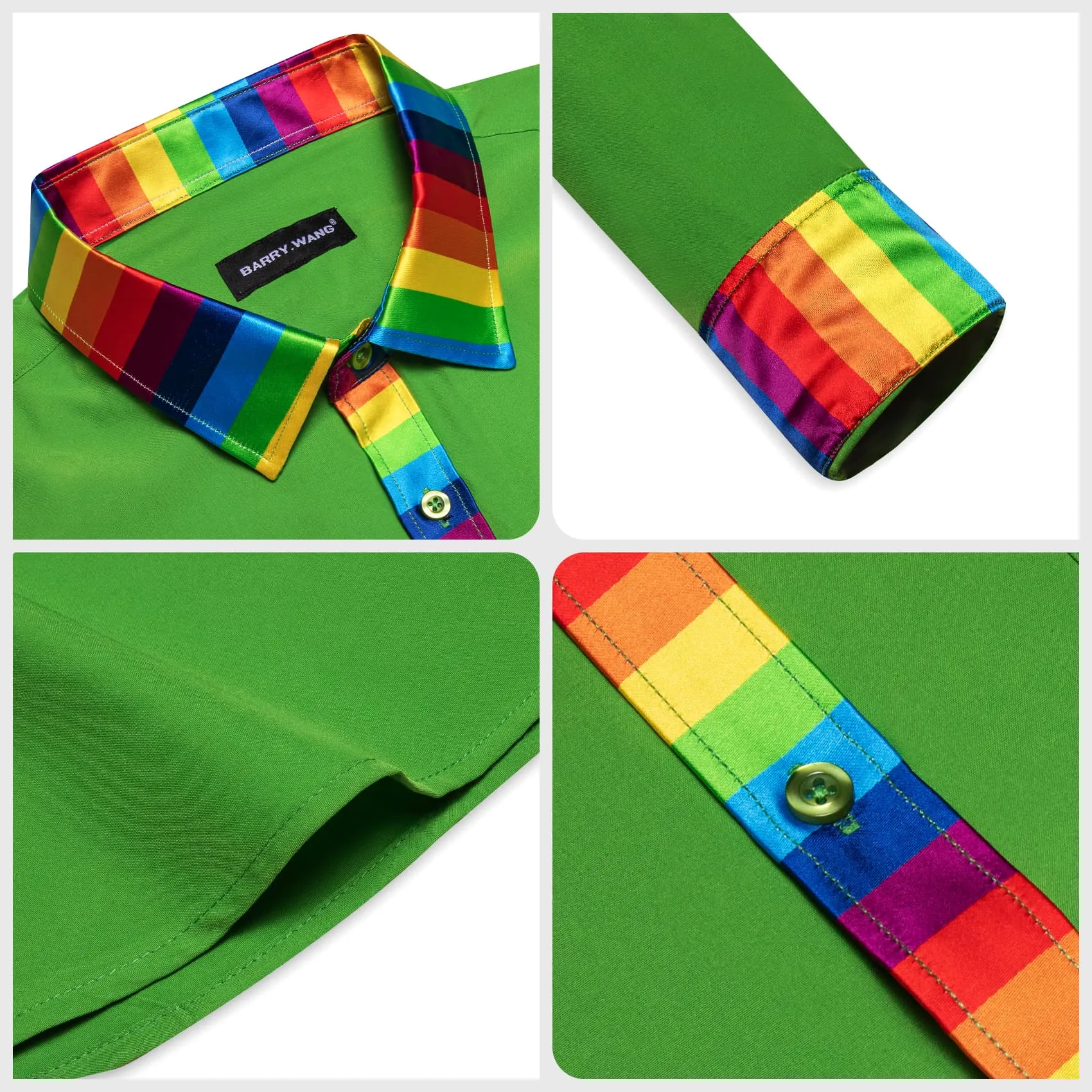 Barry Wang Lime Green Shirt Splicing Rainbow Color Collar Cuffs Shirt