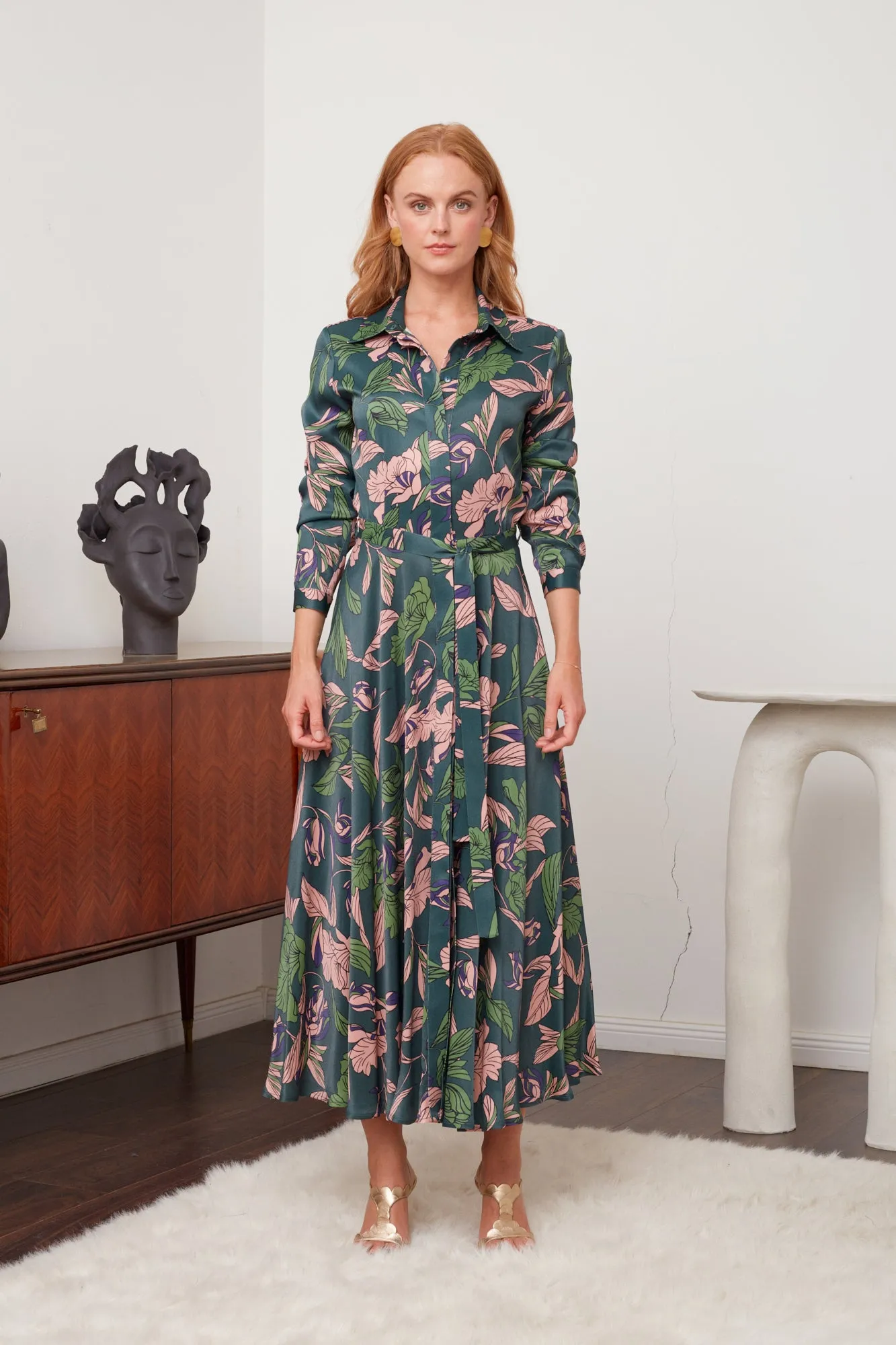 BRUNA floral printed green midi shirt dress