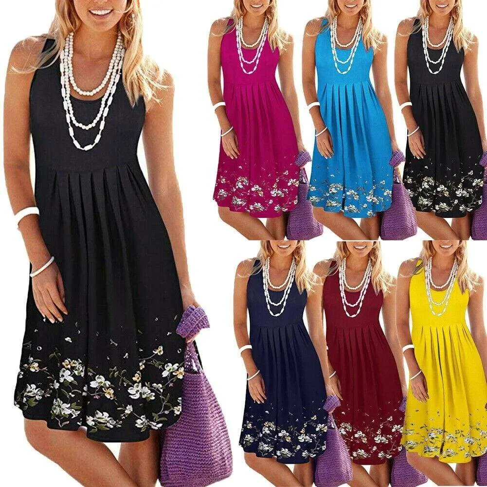 FashionSierra - New Women's Floral Bodycon High Waist Sleeveless Sundress Ladies Summer Casual Loose Short Midi Dress