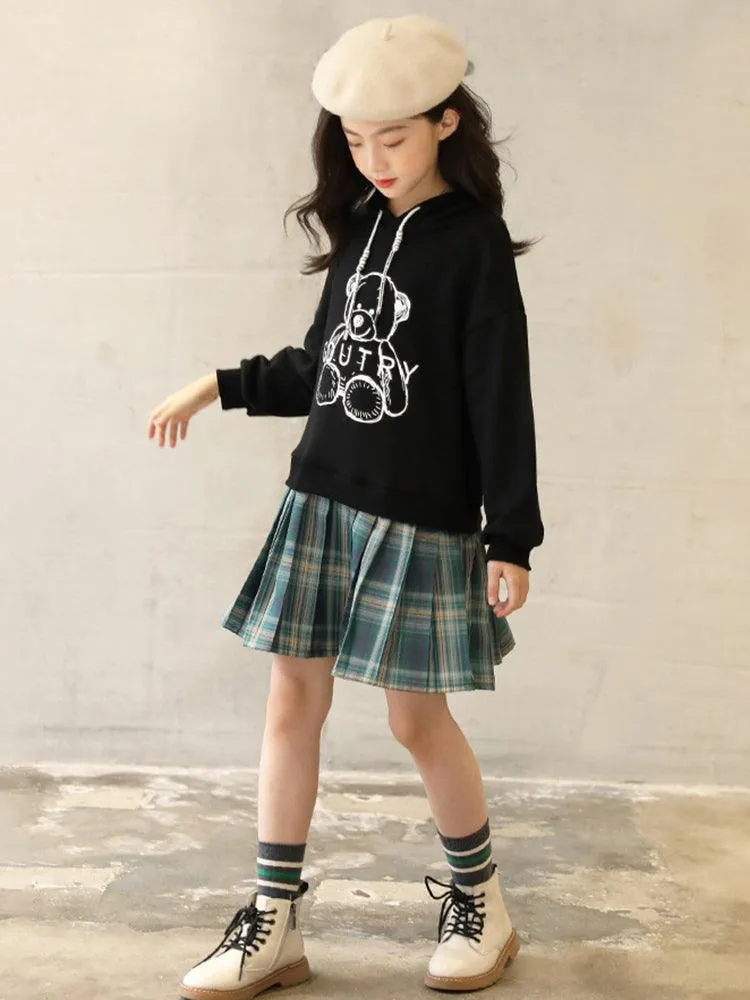 Hooded Sweater Dress Cartoon Print Casual Dress With Pleated