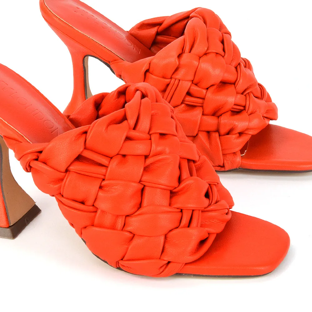 Jaci Woven Sandal Strap Square Toe Sculptured Flared Low mid High Heel Mules in Brown Synthetic Leather