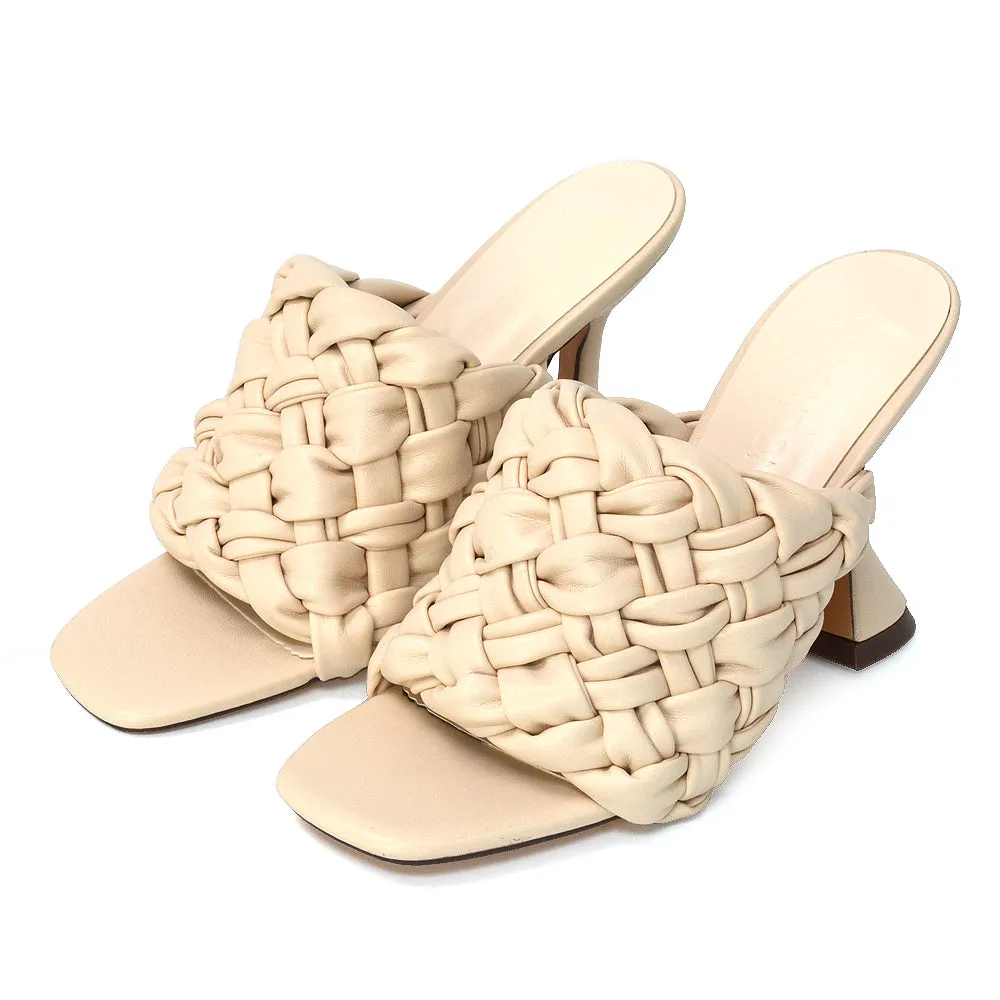 Jaci Woven Sandal Strap Square Toe Sculptured Flared Low mid High Heel Mules in Brown Synthetic Leather
