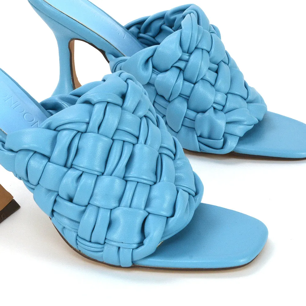 Jaci Woven Sandal Strap Square Toe Sculptured Flared Low mid High Heel Mules in Brown Synthetic Leather