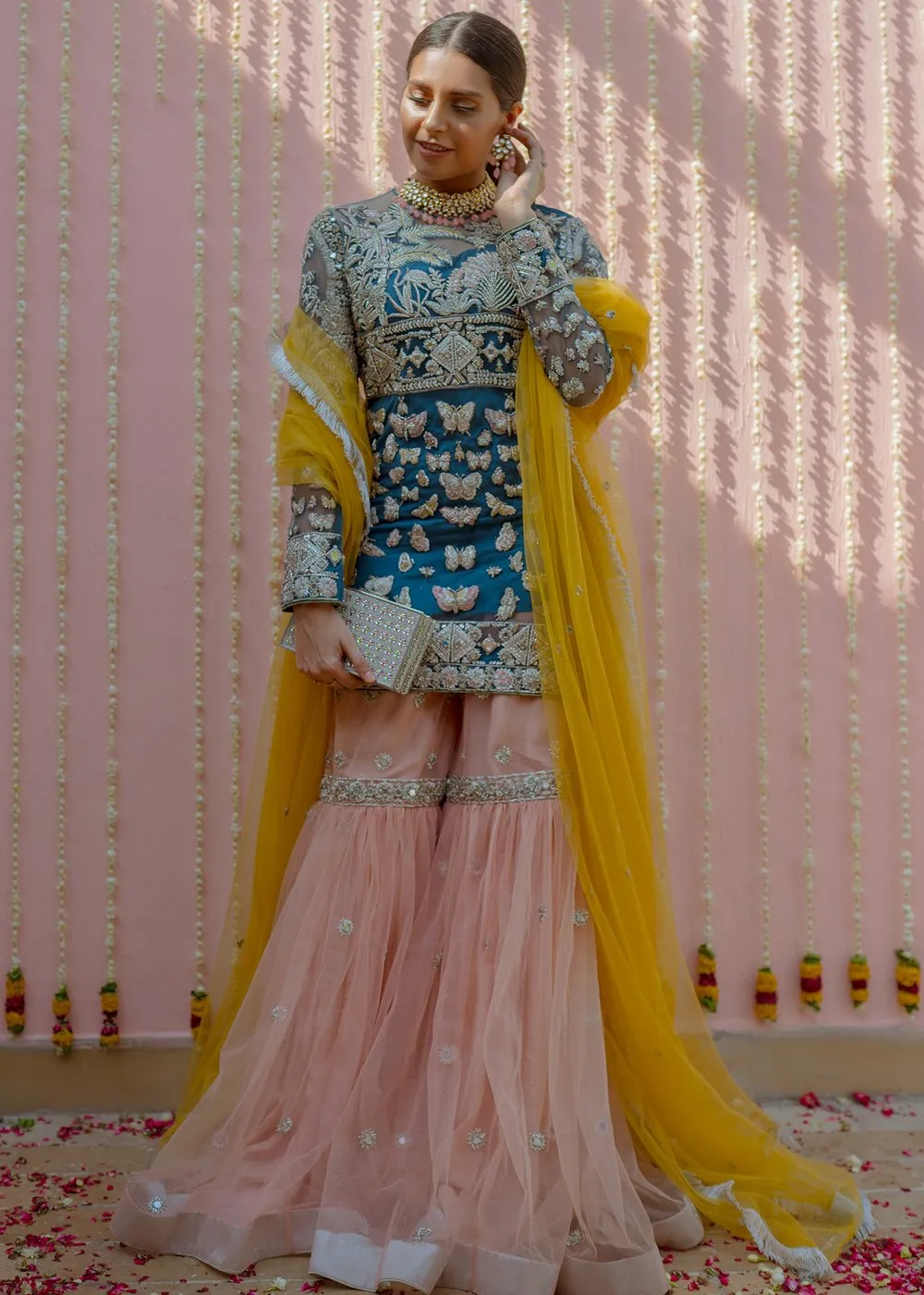 Latest net embroidered gharara dress in blue color for wedding wear # B3415