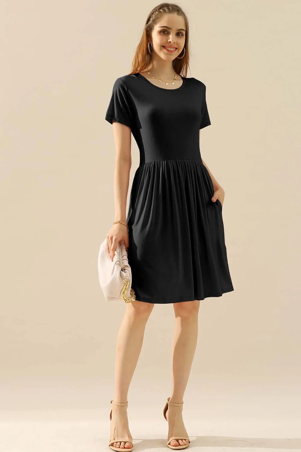 Ninexis Full Size Round Neck Ruched Dress with Pockets