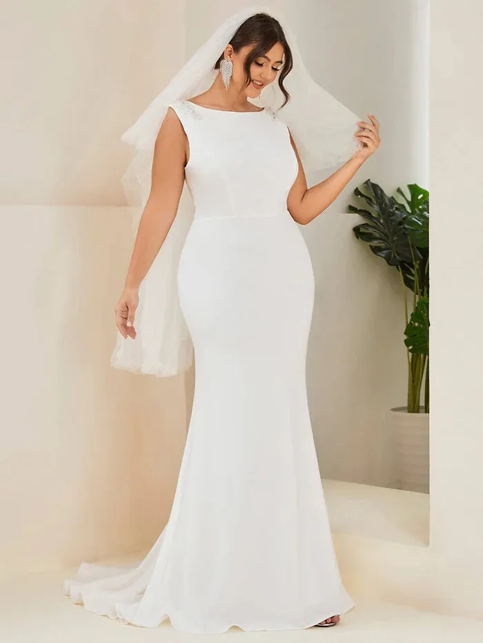 Plus Size Sleeveless Round Neck Bodycon Fishtail Wedding Dress