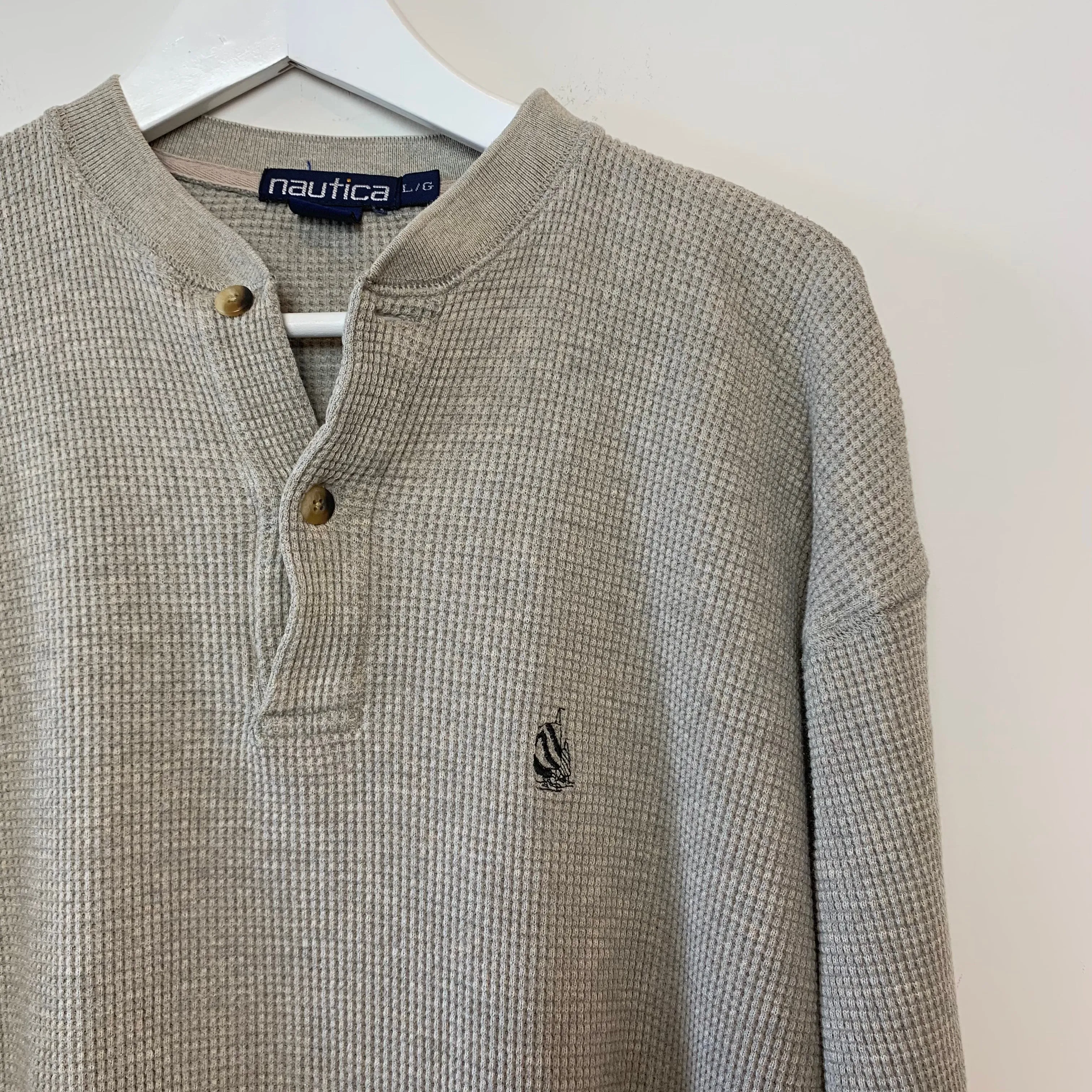 Vintage 90s Nautica Waffle Knit Thermal Gray Long Sleeve Henley Shirt Large