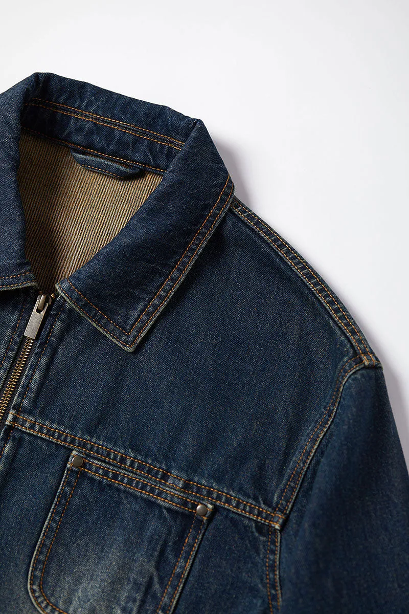 Vintage Cropped Zip-Up Denim Boxy Jacket with Pockets