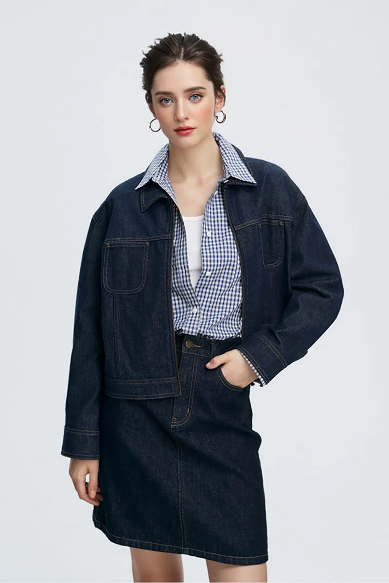 Vintage Cropped Zip-Up Denim Boxy Jacket with Pockets